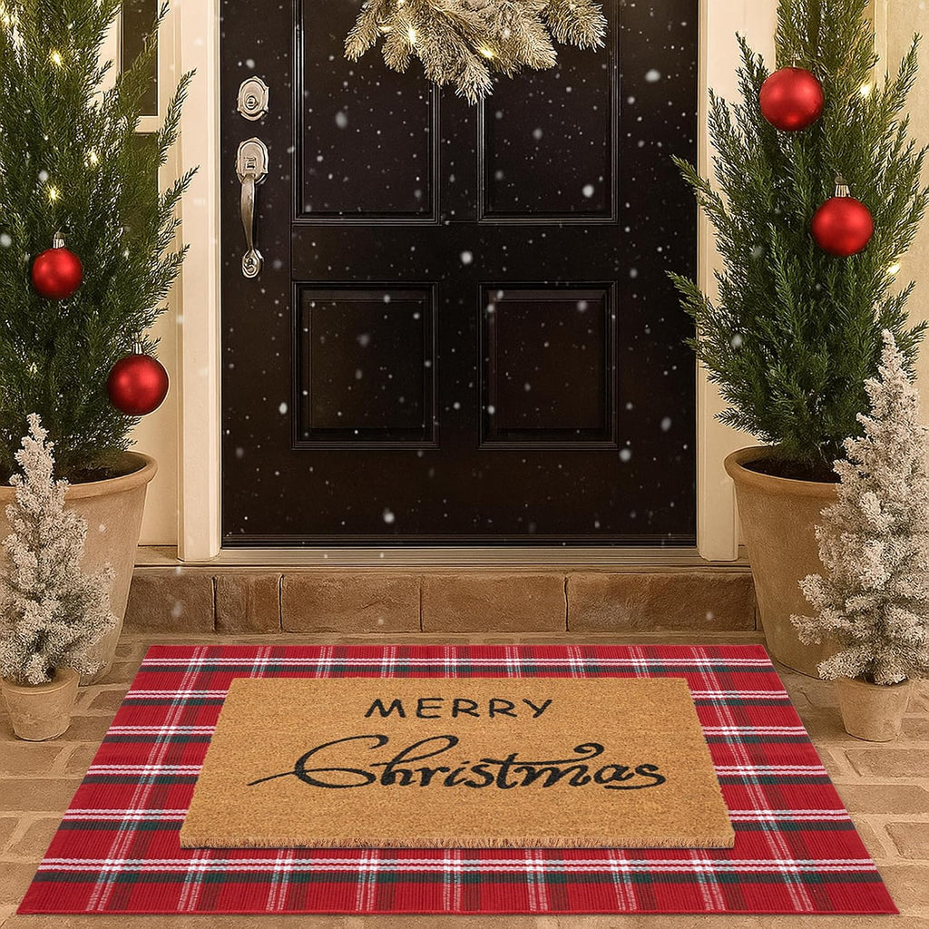 Christmas Door Mat Combo Set - 100% Coco Coir Welcome Mat + 3' x 5' Red Green White Plaid Rug, Christmas New Year