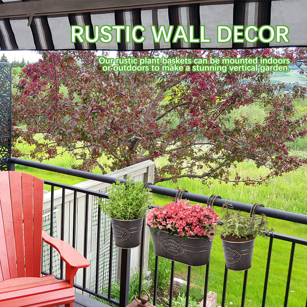 3 Pack Metal Railing Planter Box Outdoor, 10.6" Hanging Flower Pots with Detachable Hooks & Drainage Holes, Rail
