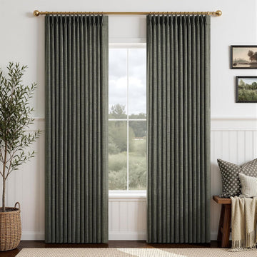 Pinch Pleated Green Linen Curtains (Set of 2 Panels) Light Filtering 86 Inches Long Drapes,Memory Train Shaped Pleat Curtain and Track