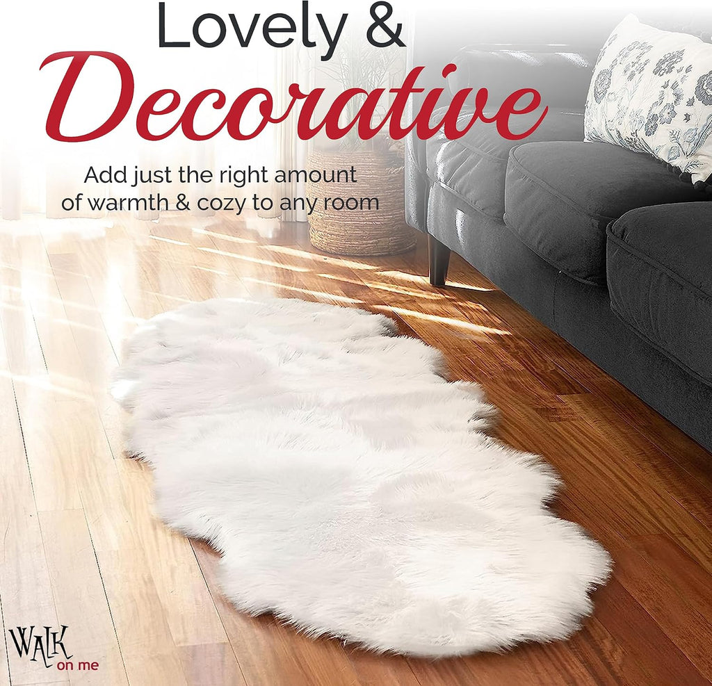 White Double Pelt Faux Fur Sheepskin Rug: Ultra Soft, Super Thick, Fluffy, Living Room, Bedroom, Office