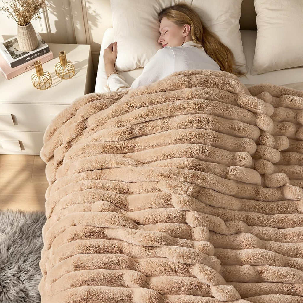 Faux Fur Twin Blanket for Couch Cozy Soft Plush Thick Striped | Luxury Blanket for Sofa, Living Room, Bedroom, 60" x