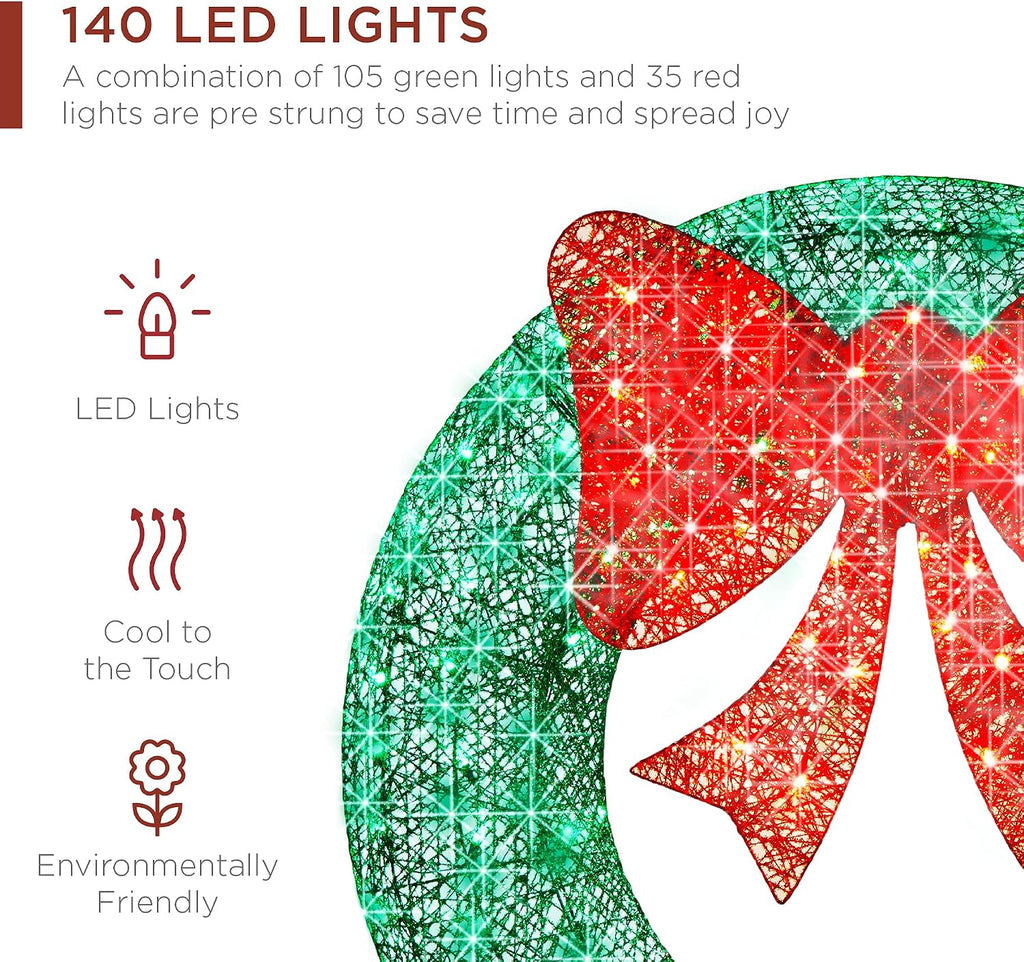 48in Pre-Lit Outdoor Christmas Wreath Decoration, LED Metal Holiday Decor w/ 140 Lights, Bow - Green/Red