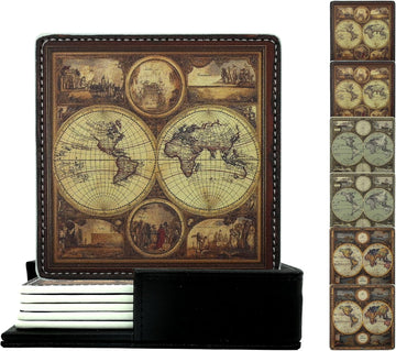 Marble Coasters Square Leather Drinks Coaster Set with Holder for Coffee Table Bar Home Decor 4 Inches (Old - Set of 6