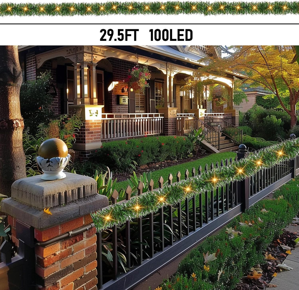 30 FT Pre-Lit Christmas Garland Decorations, 100 LED Lighted Artificial Pine Garlands with 8 Modes, Green Garland