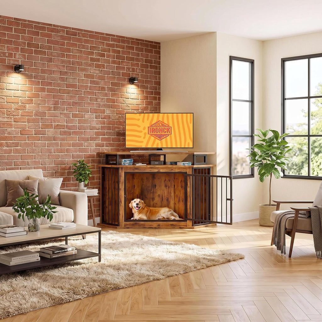 Large Corner Dog Crate Furniture with 2-Tier Storage Shelves