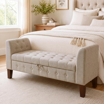 Upholstered Storage Bench with Arms Ottoman Bench Entryway Living Room Khaki