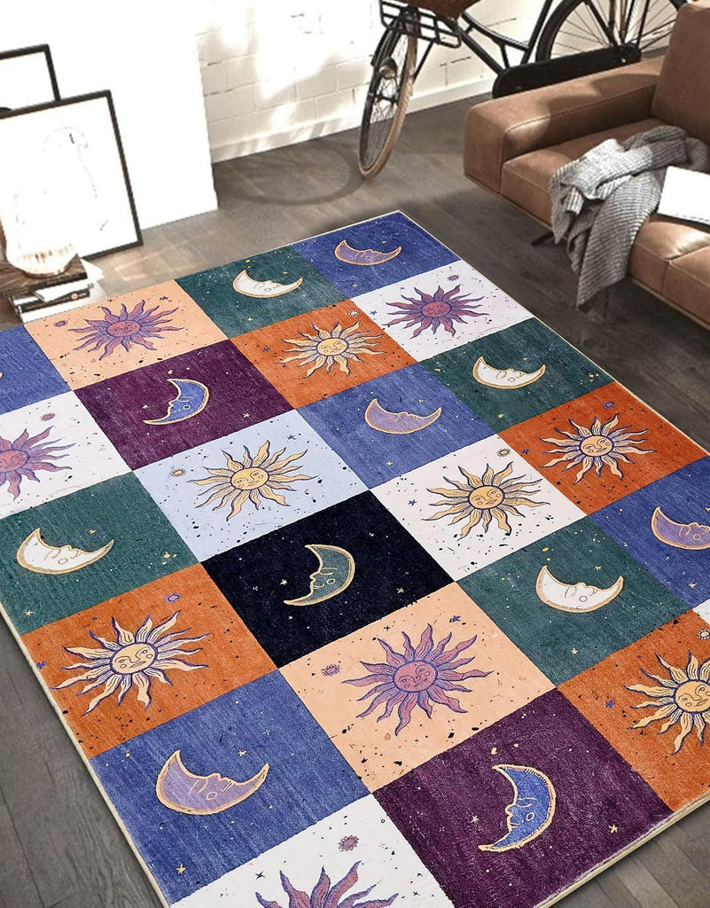 Boho Sun and Moon Washable Rug Ultra Thin, Vintage Mystical Celestial Checkerboard Area Rug Entryway Kitchen