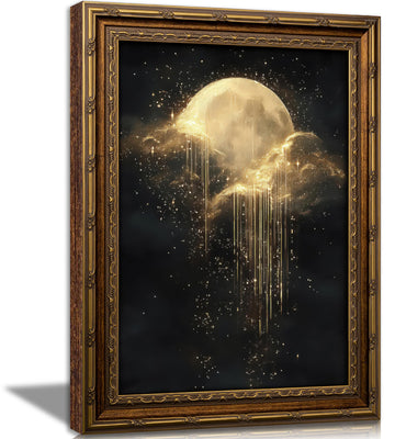 Vintage Gold Framed Moon Cloud Wall Art, Dark Academia Sky Canvas Print