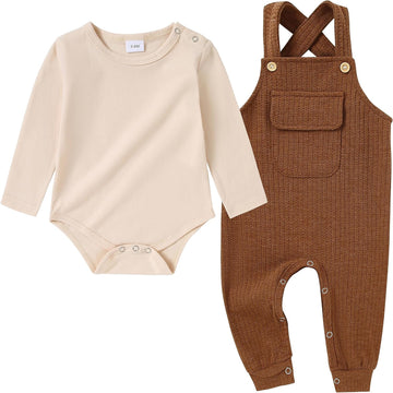 Newborn Baby Boy Clothes Infant Boy Romper Fall Winter Outfits Bodysuit 2Pcs Striped Long Sleeve Top Overalls