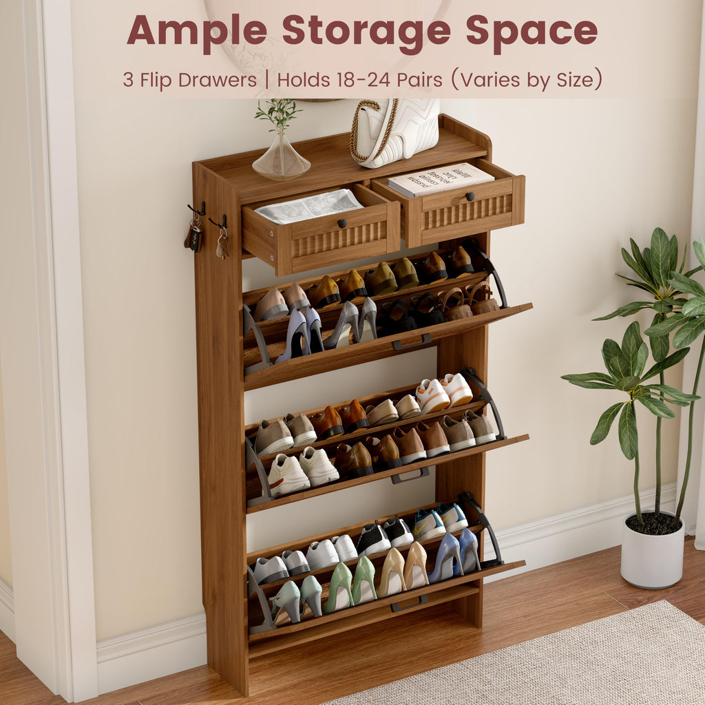 Fluted Shoe Cabinet, 3 Flip & 2 Top Drawers, Walnut