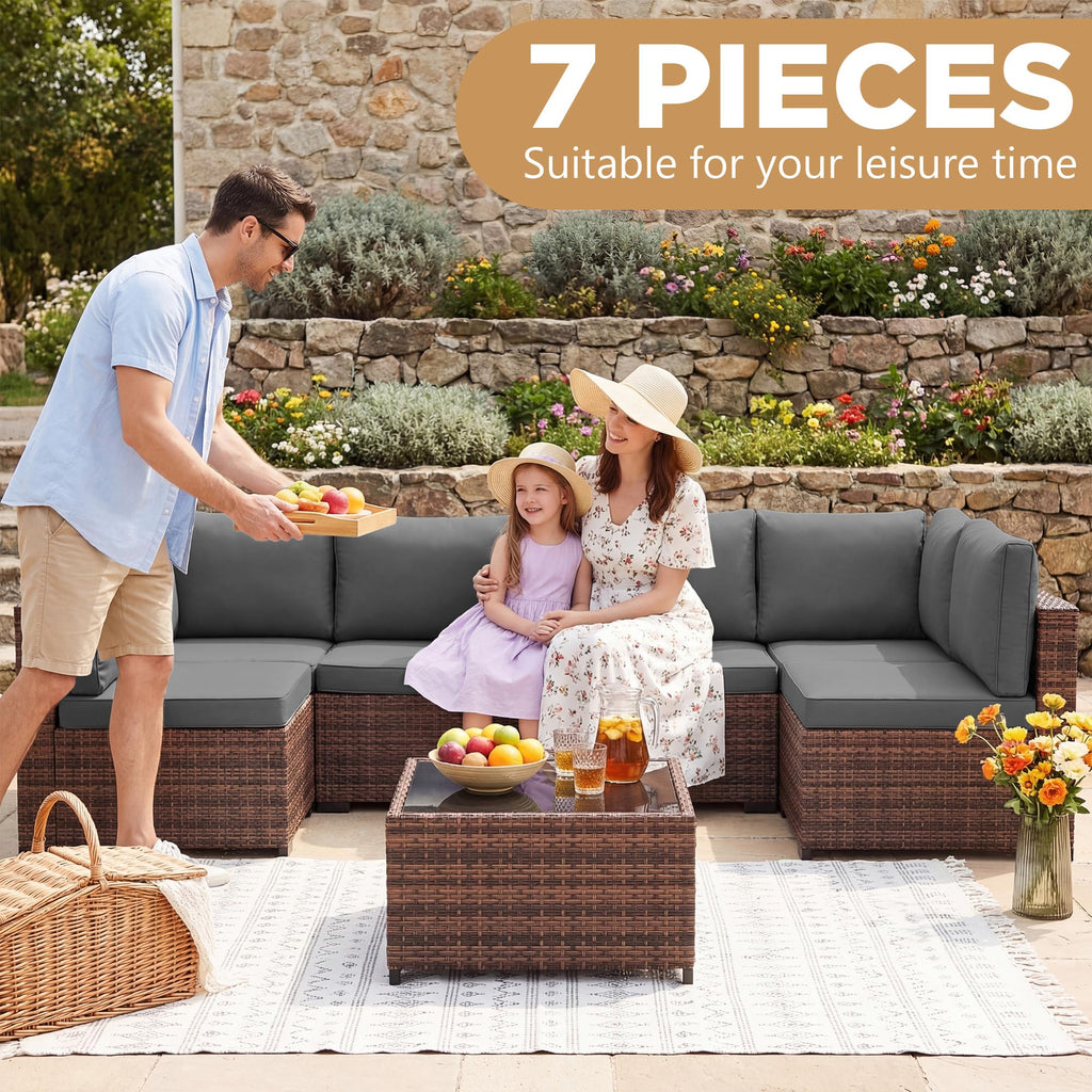7 Pieces Outdoor Wicker Rattan Patio Furniture, Outdoor Sectional Set Patio Sofa with Coffee Table & Grey Cushions