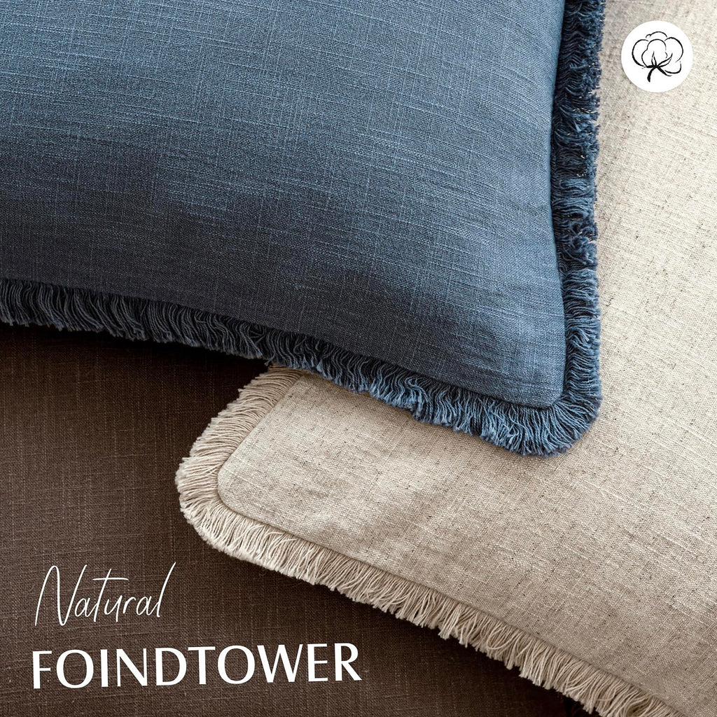 Decorative Linen Fringe Throw Pillow Covers 22×22 Inch, Dark Blue