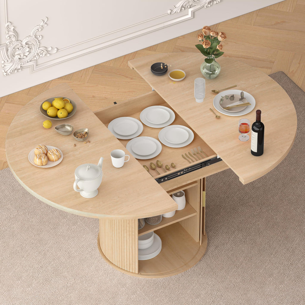 47"-63" Extendable Round Dining Table for 4-8 with Storage, Mid Century Modern Farmhouse Wood Oval Dinner Table with