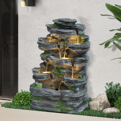 7-Tiers Cascading Rock Water Fountain Outdoor