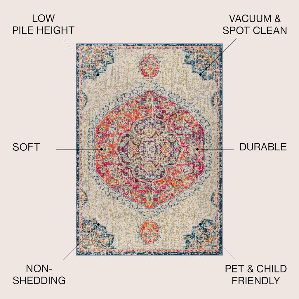 Boho Vintage Cream/Orange Indoor Area Rug, Bohemian Flair Traditional Medallion, Easy-Cleaning, Pet Friendly