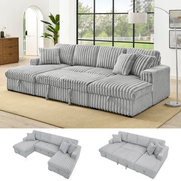 122'' Convertible U-Shaped Faux Rabbit Fur Plush Sectional Sleeper Sofa, Upholstered Cloud Couch Pull-Out Sofa Bed