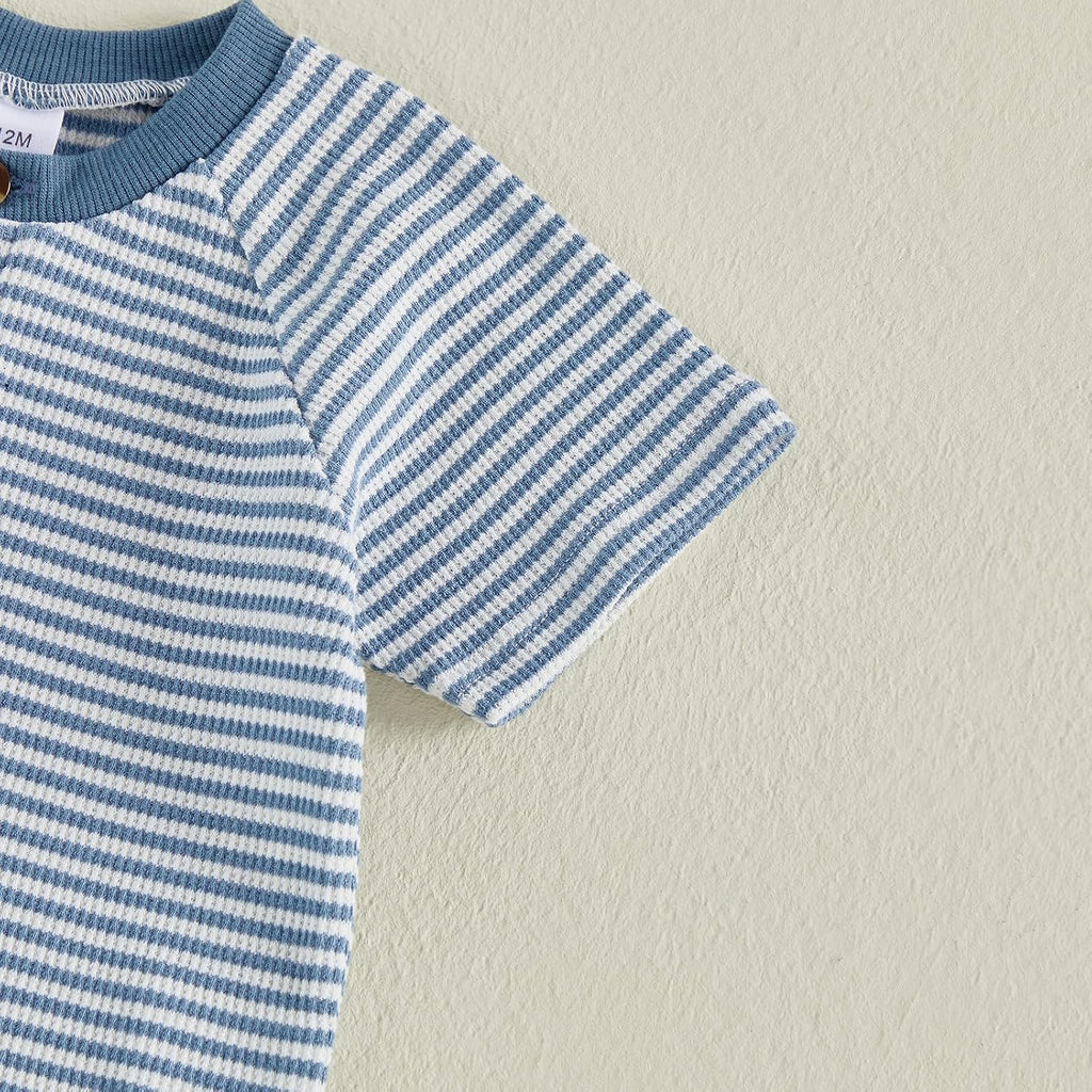 Toddler Baby Boy Clothes 6 12 Summer Outfit Waffle Knitted Stripe Casual T-shirt Tops Shorts Sets