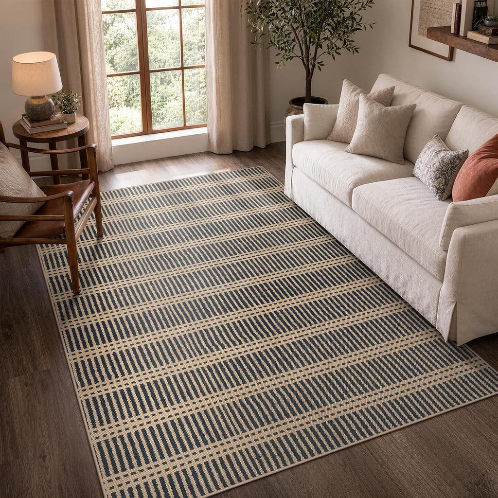 Striped Easy Jute Outdoor Rug, Black Washable Rugs Living Room, Indoor Outdoor Non Slip Area Rug, Farmhouse