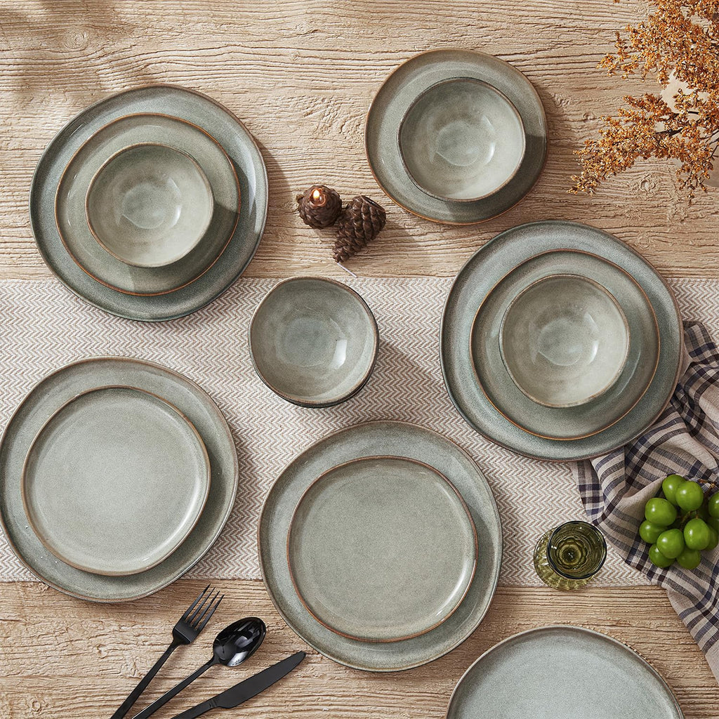 Stoneware Dinnerware Sets for 4, Reactive Glaze Plates and Bowls, Grey