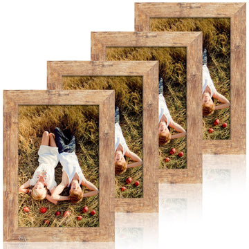 6x9 Picture Frame Set of 4, High Definition Real Glass Rustic Brown Frame, 6 x 9 Wood Photo Frames for Tabletop
