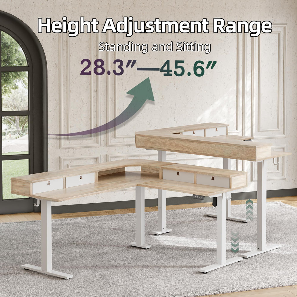 L Shaped 63 x 55 inch Standing Desk Adjustable Height, Electric Corner Standing Desk with 4 Drawers and Upper Shelf