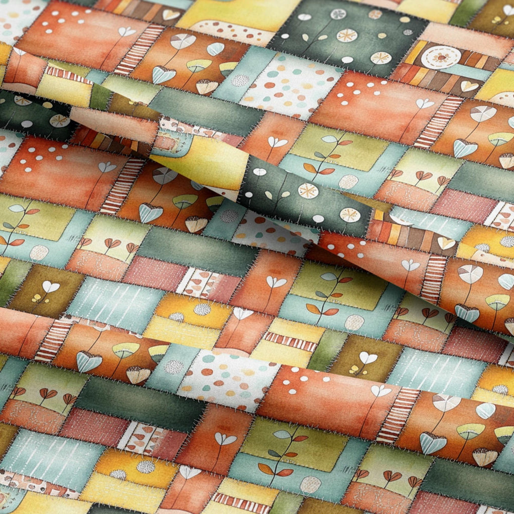 Patchwork Cotton Fabric Panel 61 x 36.6 Inches, Scandinavian Heart Pattern Quilt Style, Multicolor Rustic Design
