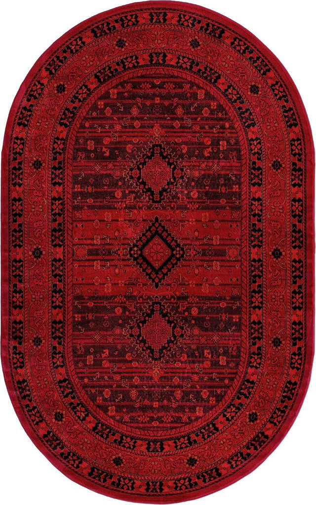Bokhara Rug - 5' Oval Red Easy-Clean Rug - Traditional Medallion Design s, Bedrooms, and Dining Areas