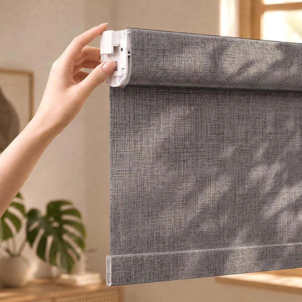 No Drill Blackout Roller Shades | Hemp-Dark Gray | Textured Fabric Blocks Sunlight & Protects Interiors with UV