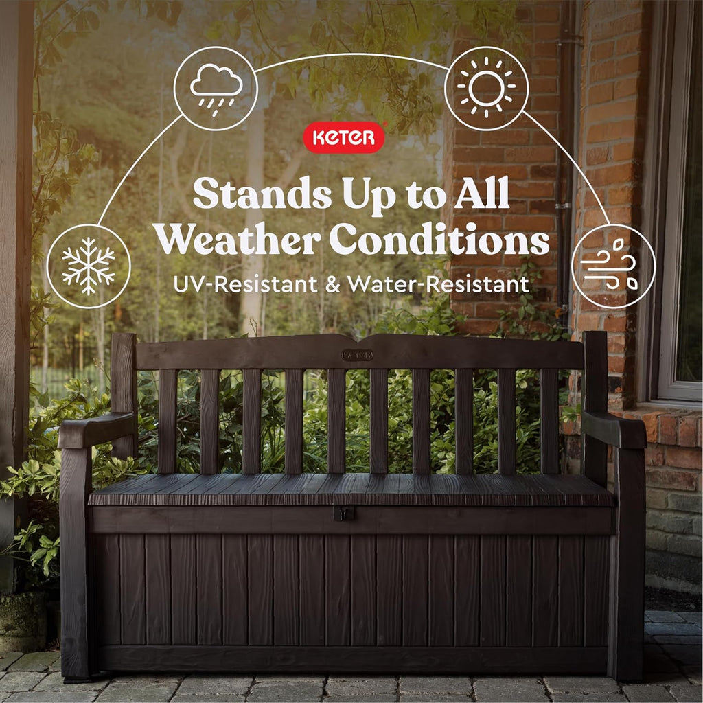 Solana 70 Gal Outdoor Storage Bench and Pool Accessories | Brown, Resin, Seating, Weatherproof, Lockable, Durable