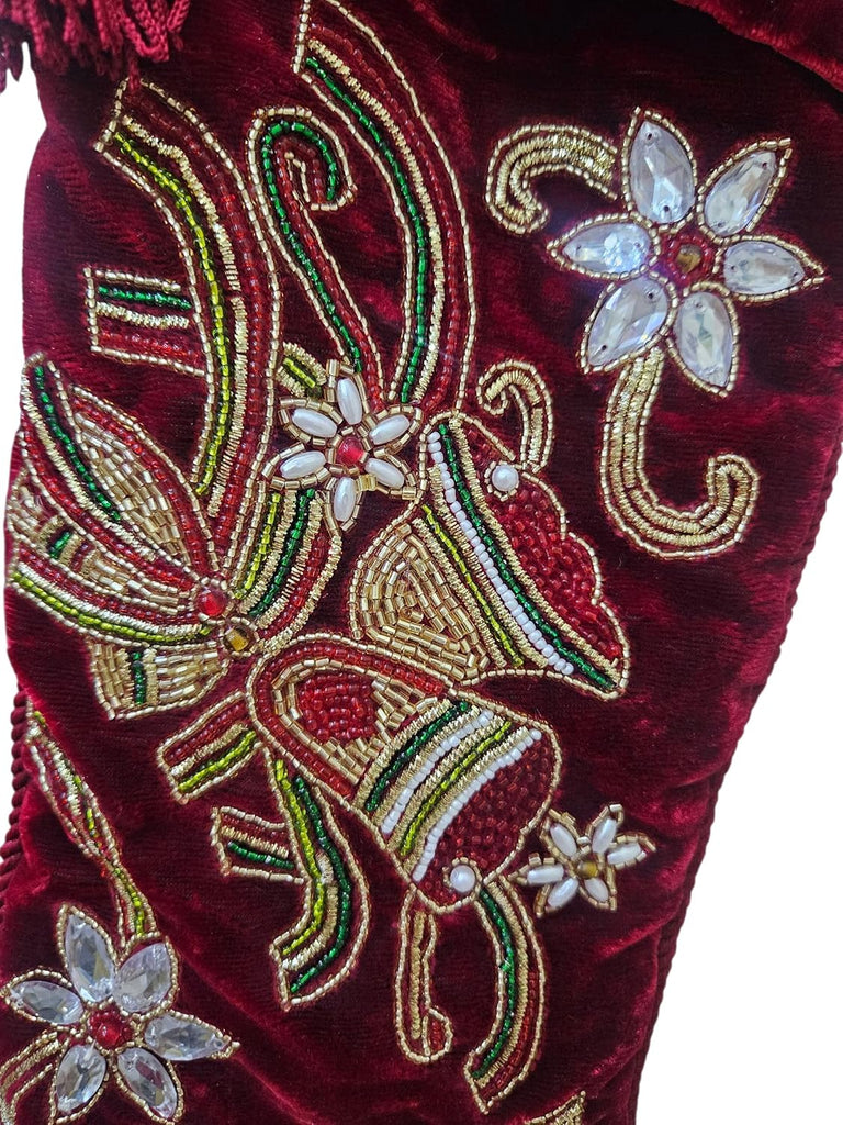 Christmas Stocking 21" x 7", Red Velvet Christmas Stocking with Gold Beaded Embroidery, Luxury Holiday Stocking with