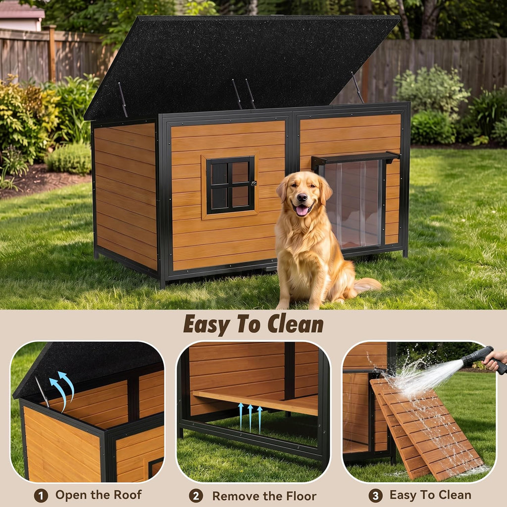 59" Extra Large Outdoor Dog House with Insulated Liner, Brown