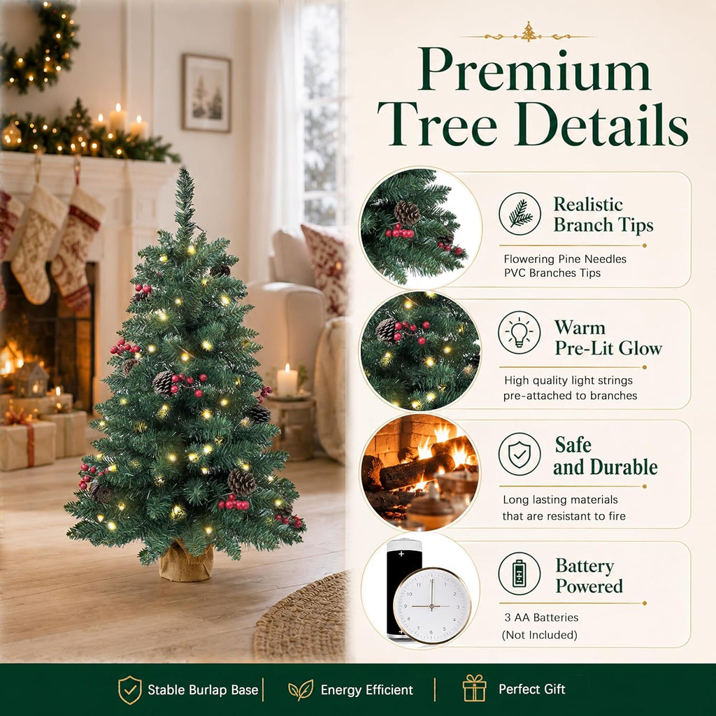 3ft Pre-Lit Artificial Mini Christmas Tree, Battery Operated Xmas Tree