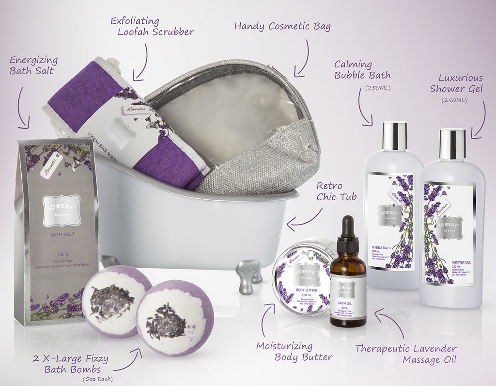 Bath Gift Basket Set for Women: Relaxing at Home Spa Kit Scented - Lavender and Jasmine with Large Bath Bombs, Salts