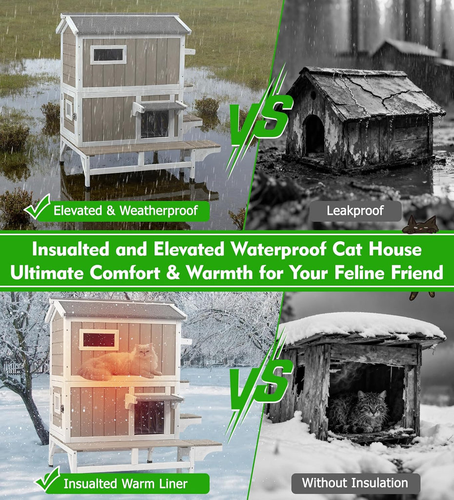 Outdoor Cat House Weatherproof Cats Shelter for Feral Kitten Pet Houses for 1-2 Small Animlas 2 Story Wooden Houses