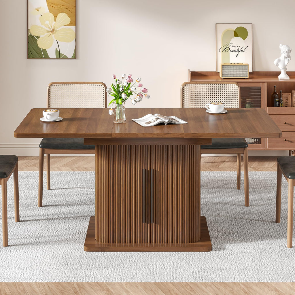 Extendable Dining Room Table for 4-6, 47-65 Inch Rectangle Kitchen Dining Table with Large Storage, Fluted Sliding