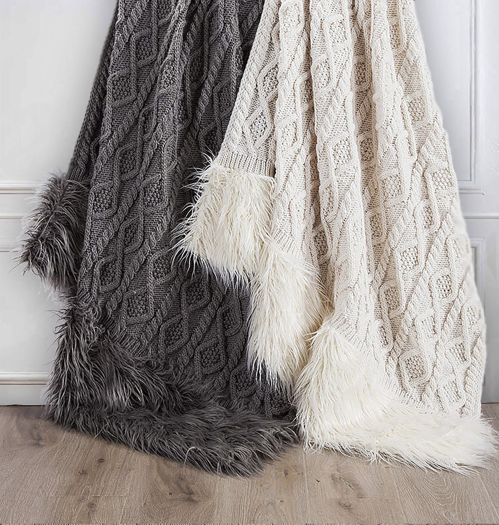 Nordic Cable Knit and Faux Mongolian Fur Wool Throw, 50x80 inch, Gray Solid Color, Sweater Style, Diamond Pattern