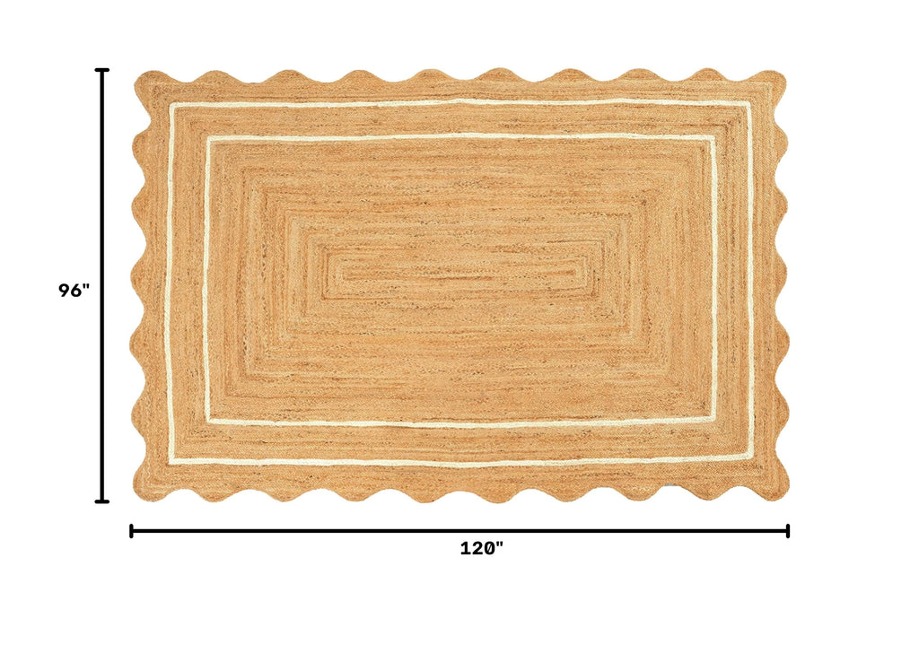 Jute Area Rug Natural Wave Scallop Ivory Border Handmade Rug