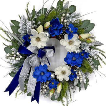 24 Inch Blue Magnolia Winter Door Wreath with Bow & Silver Ornaments