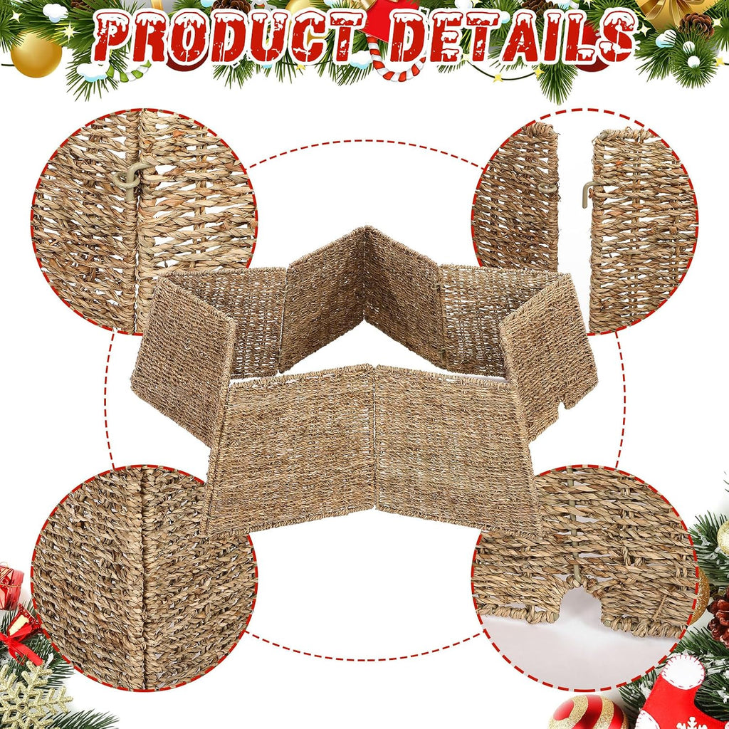 35 Inch Large Woven Christmas Tree Collar Skirt, Rattan, Star