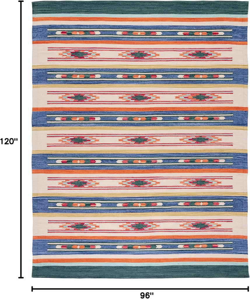 Area Rug - Cotton Kilim Collection - Large - Blue & Ivory, Handmade Cotton, Southwestern Boho Tribal Design