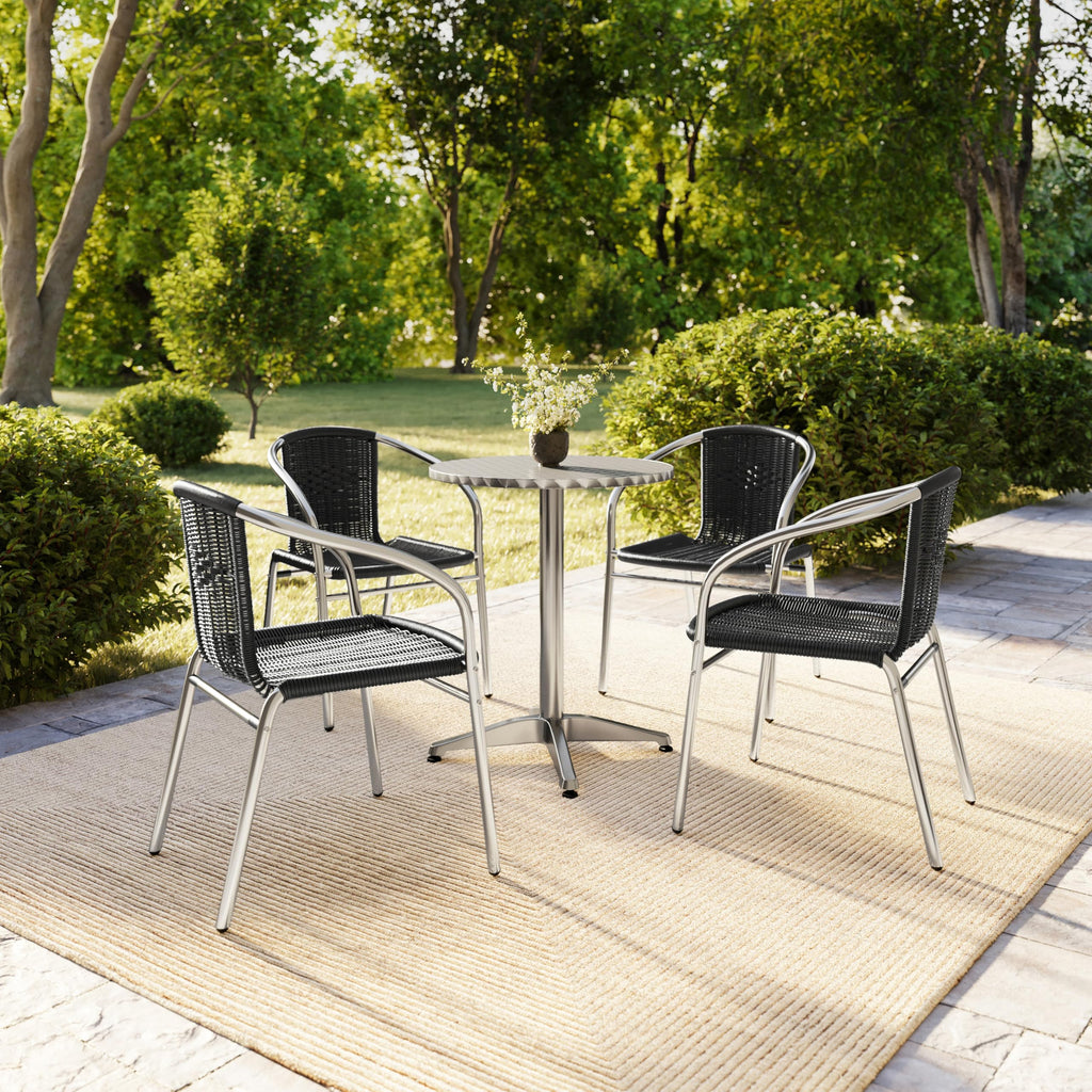 Lila 4 Pack Commercial Aluminum and Black Rattan Indoor-Outdoor Restaurant Stack Chair