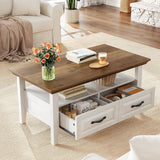 Farmhouse Coffee Table with Storage, 39.4" Wood Coffee Table, Rustic Center Table with 2 Drawers, Open Display Area