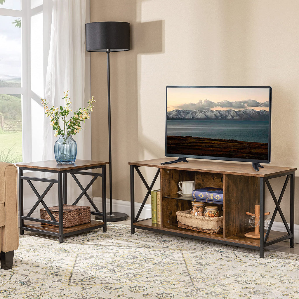 Industrial End Table, 18" Square Side Table with 2-Tier Storage Shelf, X-Design Metal Frame, Rustic Brown Nightstand