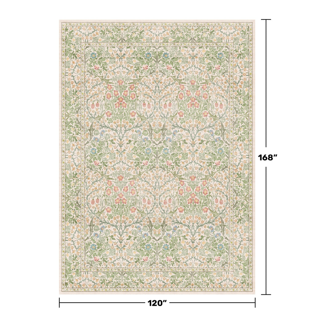 Vintage Washable Beige Green 10x14 Rug - Extra Large Area Rug Under Table, Soft Low Pile Carpet - Victorian Forest