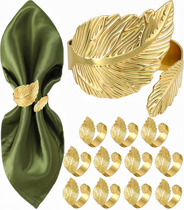 Gold Napkin Rings, Solid Metal Laurel Leaf Table Decor - Set of 12
