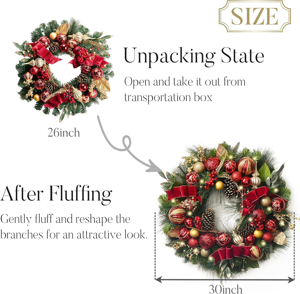 30'' Pre-Lit Christmas Wreath for Front Door with Light, Large Lighted Outdoor Christmas Wreath with Red Gold Xmas