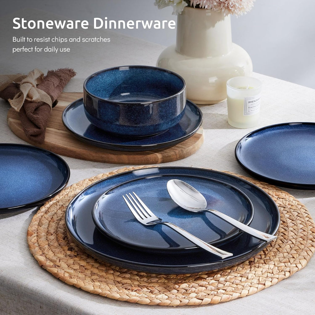 Dinnerware Sets for 4, 12-Piece Stoneware Plates and Bowls Set, Ceramic Dishes Reactive Glaze Dinning Ware