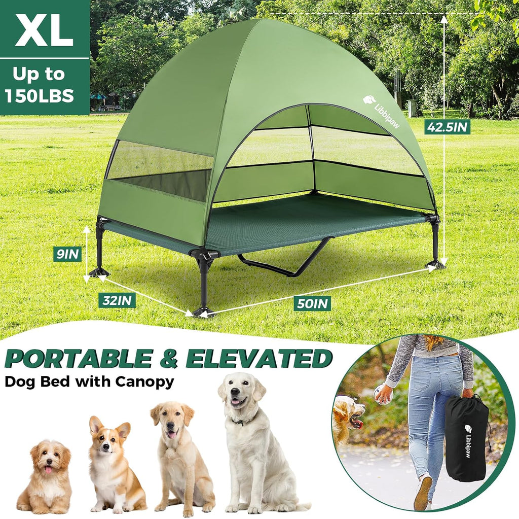 Outdoor Elevated Dog Bed with Canopy for Large Dogs, Green, XL