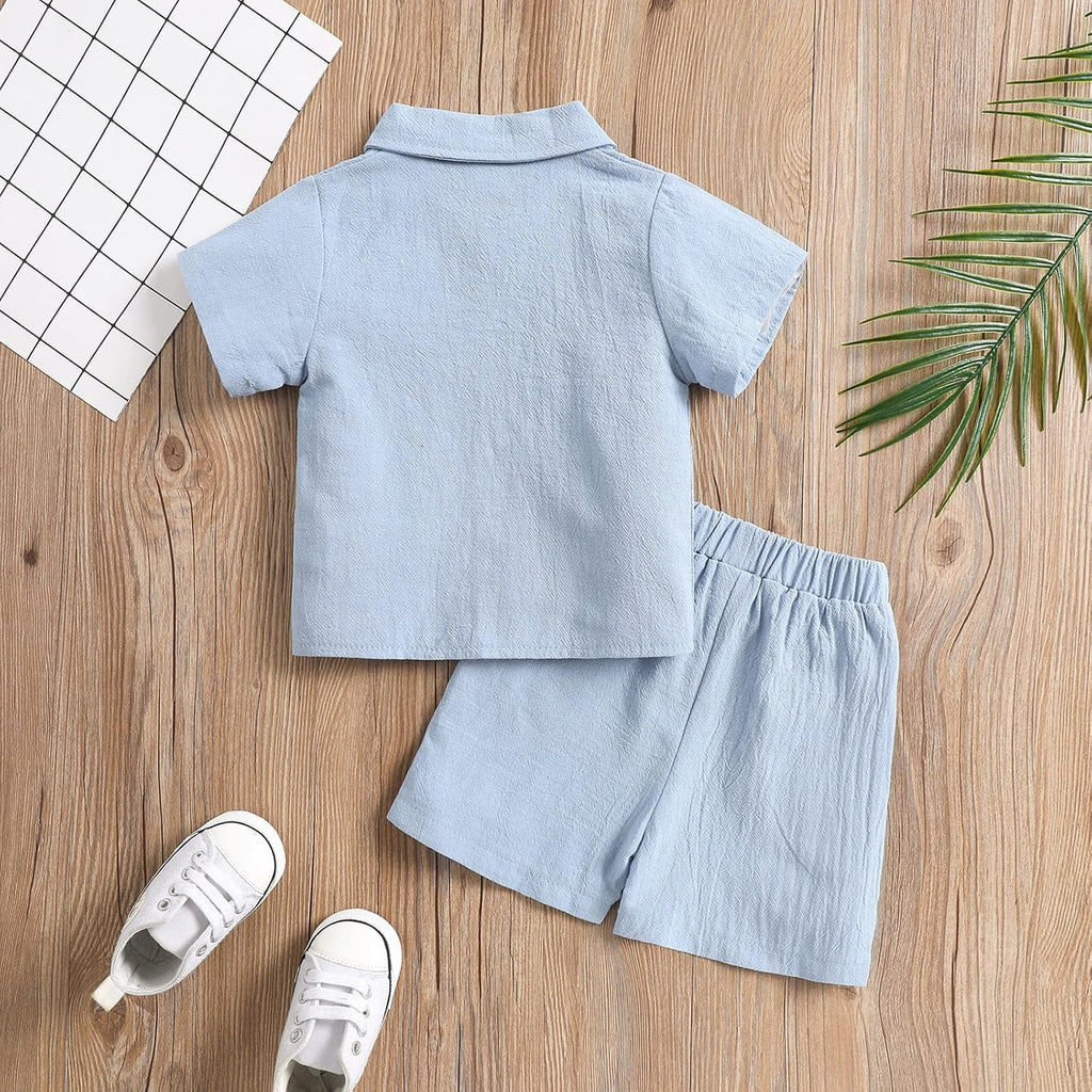 Toddler Baby Boys Clothes Set Button-Down Shirt Tops + Cotton Linen Shorts Summer Outfit 2PCS with Pockets