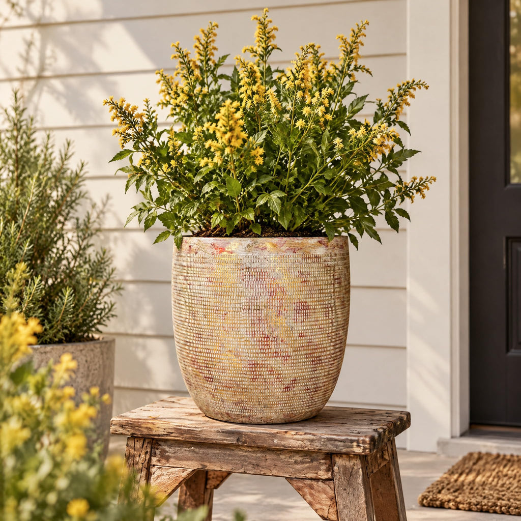 Embossed Textured Stoneware Planter, Metallic Gold